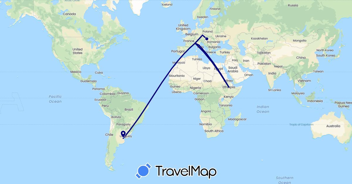 TravelMap itinerary: driving in Argentina, Czech Republic, Ethiopia, Italy, Slovakia (Africa, Europe, South America)