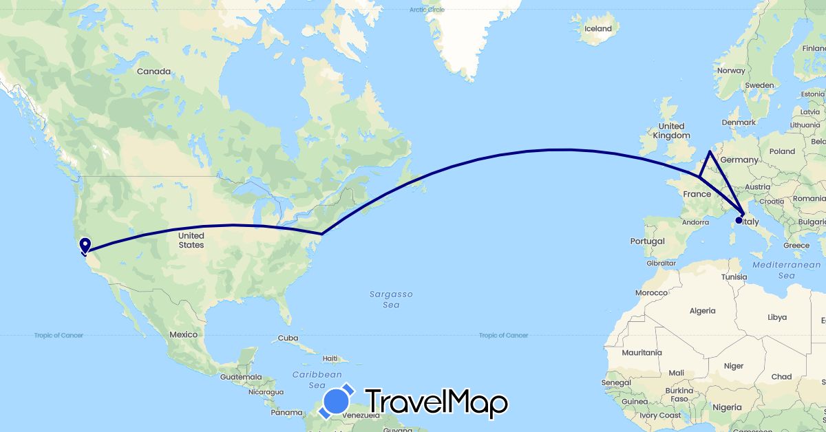 TravelMap itinerary: driving in France, Italy, Netherlands, United States (Europe, North America)