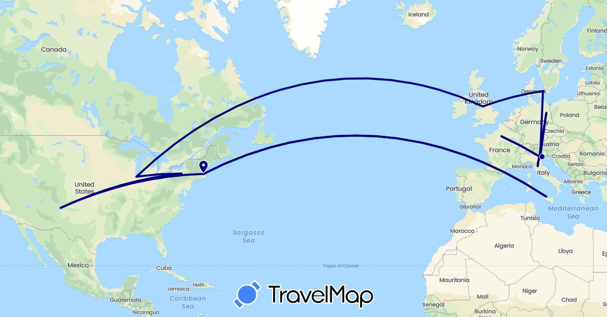 TravelMap itinerary: driving in Germany, Denmark, France, United Kingdom, Italy, United States (Europe, North America)