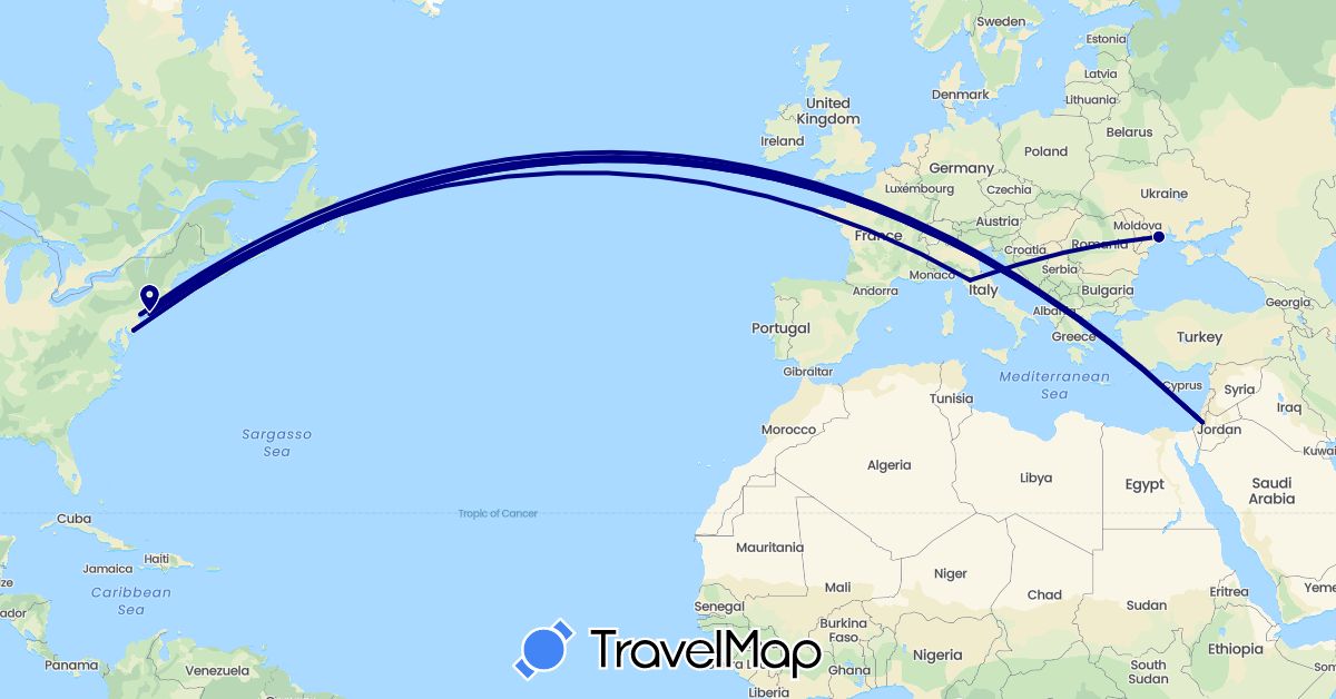 TravelMap itinerary: driving in Israel, Italy, Ukraine, United States (Asia, Europe, North America)