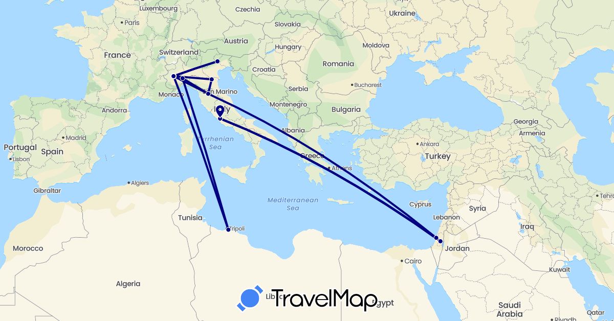 TravelMap itinerary: driving in Israel, Italy, Libya (Africa, Asia, Europe)